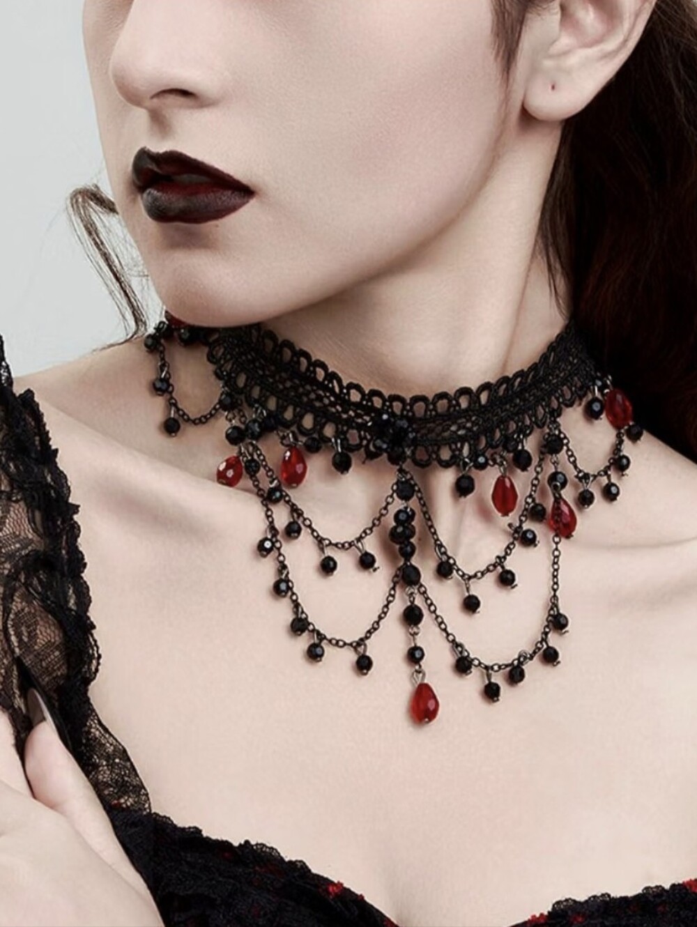 Black Lace Gothic Choker Necklace with Red Gem Accents - Picture 5 of 6